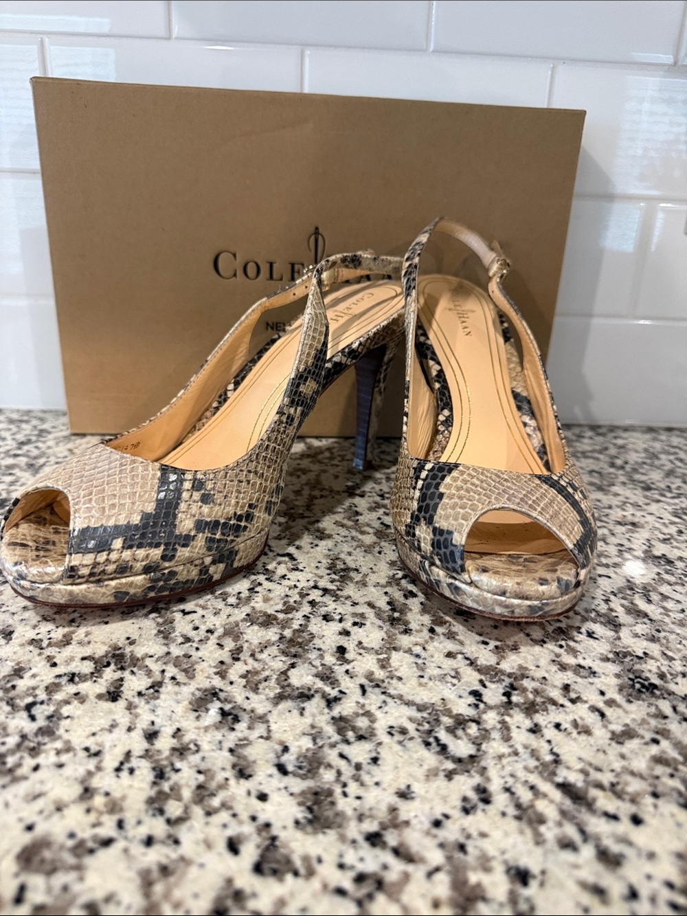 Cole Haan Beige and Black Snake-Print Peep-Toe Slingback Heels 7.5